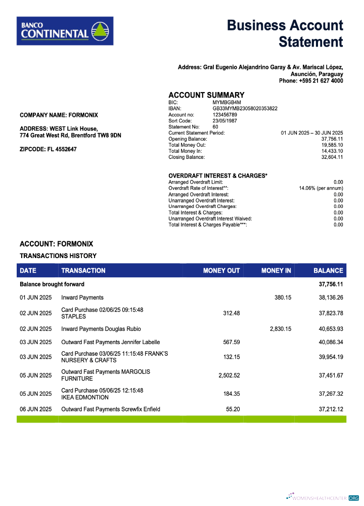 Paraguayan Banco Continental S.A.E.C.A. bank firm account statement Word and PDF template